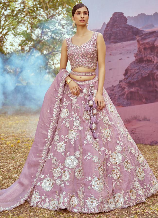 Organza Lavender Wedding Wear Stone Beads Work Lehenga Choli